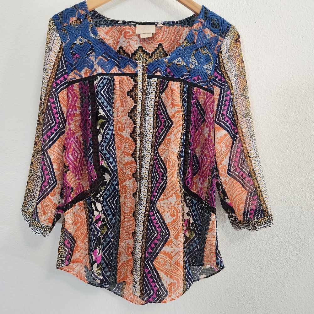 Anthropologie Vanessa Virginia Blouse Womens 10 Boho Embroidered Flowy Festival